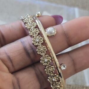 Macy's Elegant Gold Floral Pearl Bangle Bracelet Set New Women